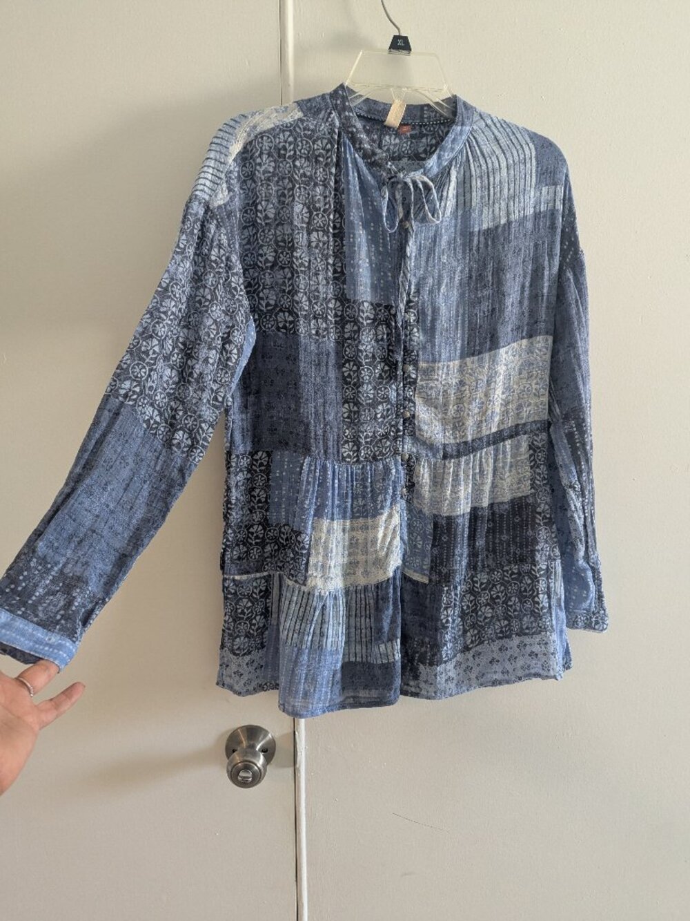 PILCRO Anthropologie Blue Patchwork Boho Tunic Top Women XS Peasant Western
